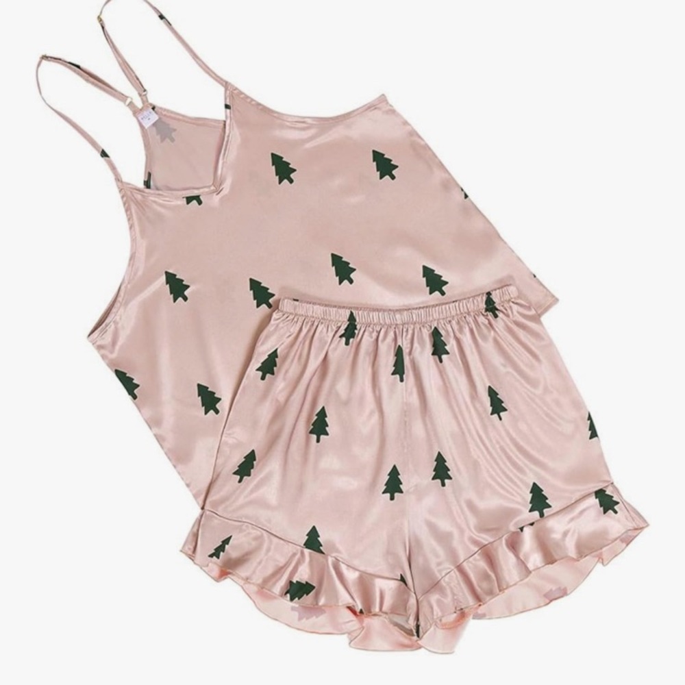 Abella Blush Satin Pajama Set with Tree Pattern